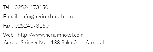 Nerium Hotel telefon numaralar, faks, e-mail, posta adresi ve iletiim bilgileri